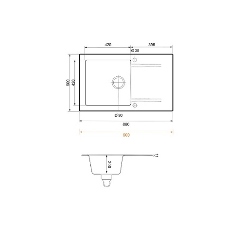 Rysunek techniczny zlewozmywak granitowy 1 komorowy z ociekaczem Nieste 86